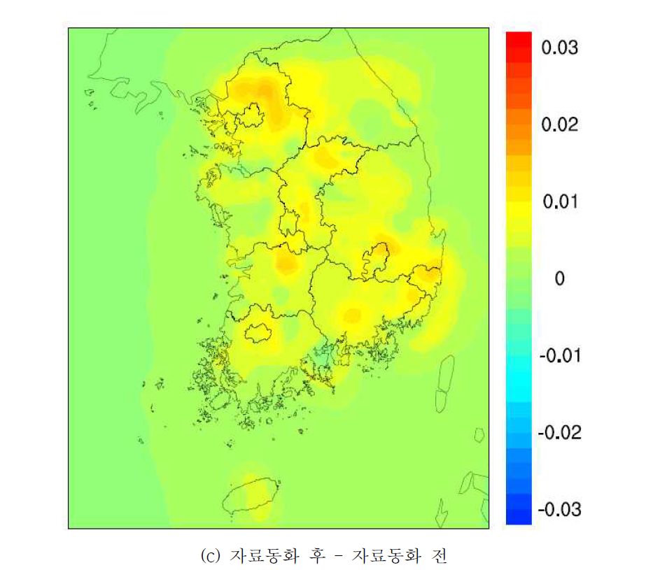 2014년 NO2 자료동화 전후 연평균 공간분포. Circle : TMS 측정망 위치 및 농도(계속)