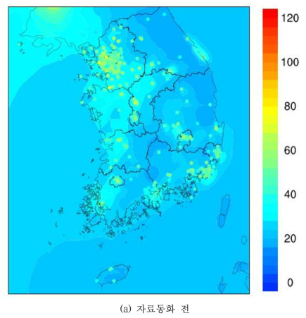 2015년 PM10 자료동화 전후 연평균 공간분포. Circle : TMS 측정망 위치 및 농도