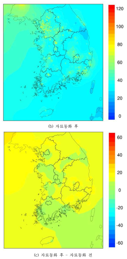 2015년 PM10 자료동화 전후 연평균 공간분포. Circle : TMS 측정망 위치 및 농도(계속)