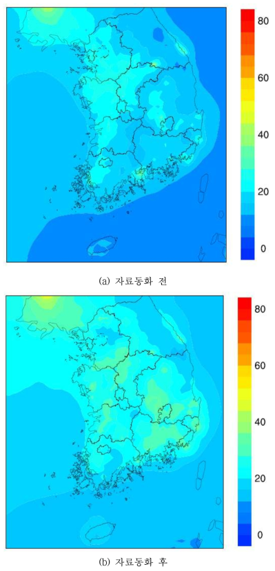 2015년 PM2.5 자료동화 전후 연평균 공간분포. Circle : TMS 측정망 위치 및 농도