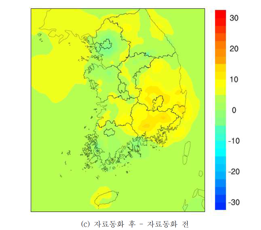 2015년 PM2.5 자료동화 전후 연평균 공간분포. Circle : TMS 측정망 위치 및 농도(계속)