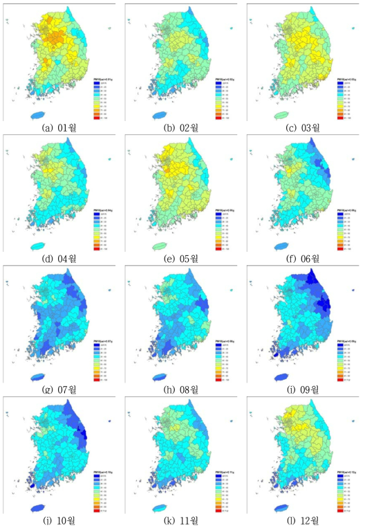 2013년 PM10 월평균 농도