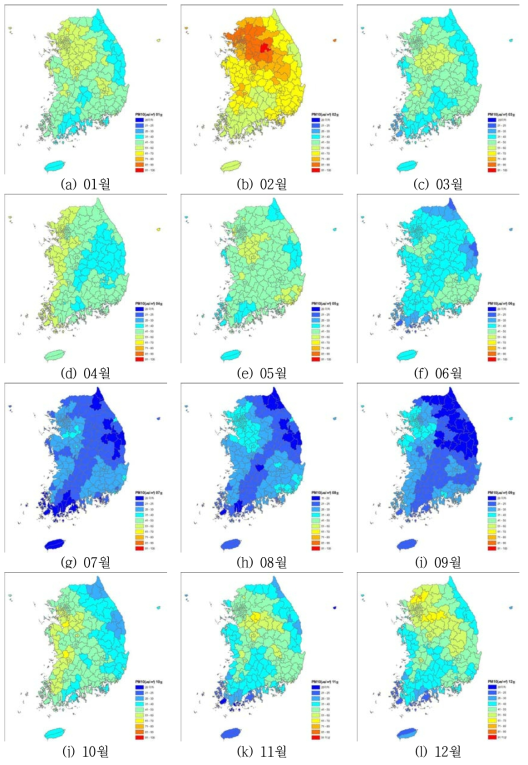 2015년 PM10 월평균 농도