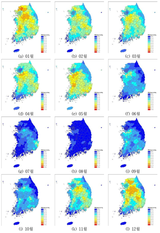 2012년 PM2.5 월평균 농도