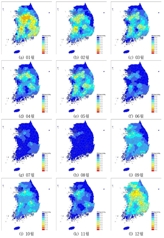 2014년 PM2.5 월평균 농도