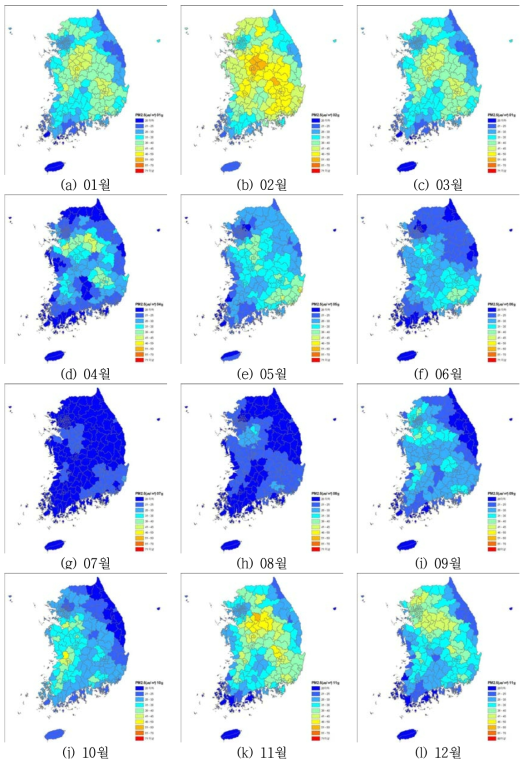 2015년 PM2.5 월평균 농도