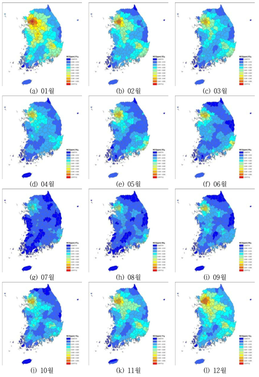 2013년 NO2 월평균 농도