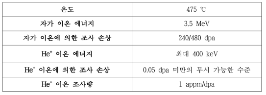 고온 중이온 조사 실험 주요 설계 조건