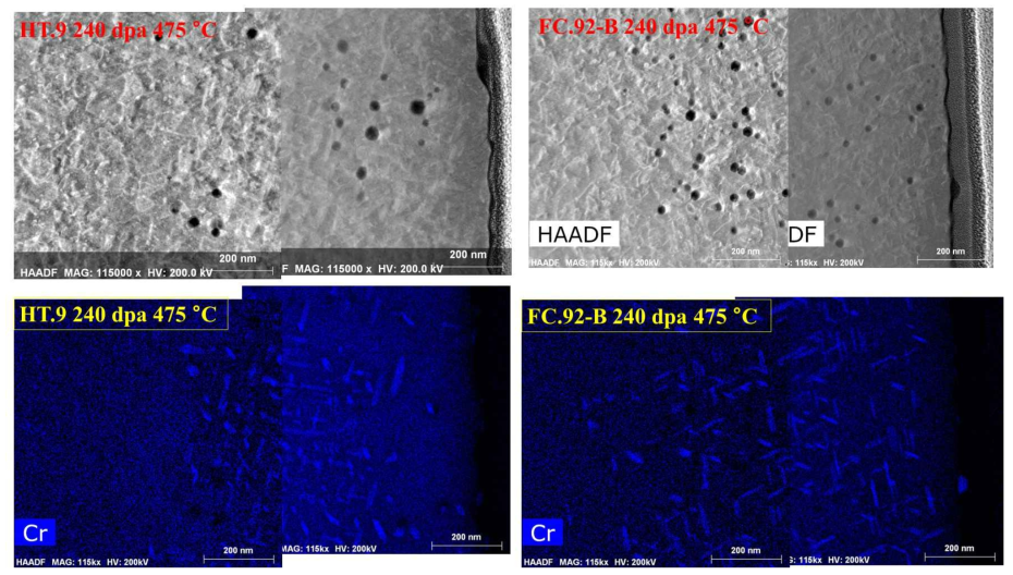 조사 손상도 240 dpa 조건 HT.9 와 FC.92-B 내 조사 유기 M2X 석출상 형성