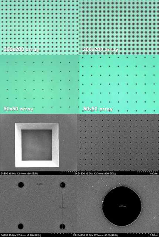 공정 후 Pore array 패턴의 광학현미경 검사 이미지(위 4개), 전자현미경 검사 이미지(아래 4개)