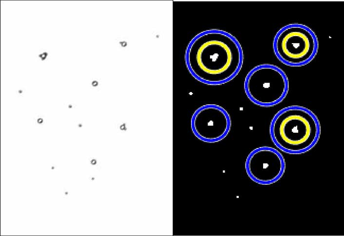 정지입자(단일+비대칭응집체)들의 모습 (좌)과 자체개발 분석으로 인식하여 구분한 모습 (우)