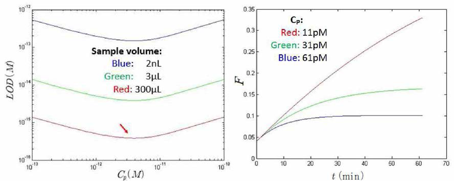 탐침입자(Probe bead) 농도 및 표본 부피에 따른 검출한계 변화(왼쪽), 시간별, 탐침입자 농도별 이합체 형성변화(오른쪽)