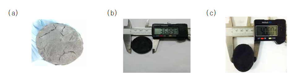 상온 및 고온 건조 후 예비 성형체의 변화 (a)유기 바인더 5%, (b) 유기 바인더 3%,무기 바인더 0.1% (c) 유기 바인더 3%,무기 바인더 0.2%