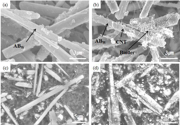 예비 성형체의 SEM 미세조직 사진 ; (a) 25 vol% ABw, (b)hybrid 5 vol% CNT+20 vol% ABw MMC의 SEM 미세조직 사진 ; (c)25 vol% ABw/AS52 Mg, (d)hybrid 5 vol% CNT+20 vol% ABw/AS52 Mg MMCs