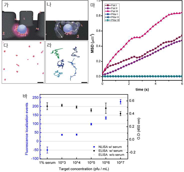 타겟 바이러스 주변부에 유도된 형광 집적에 의한 바이러스 검지 효율 검증: (가) 나노필라 주변부에 고정된 바이러스 및 항원-STV-형광 조합체 모식도, (나) 평면기판 상에서 자유롭게 움직이는 바이러스 모식도, (다) 바이러스 검지 후, 나노패턴 상에서 형광 픽셀의 자취, (라) 바이러스 검지 후, 평면기판에서 형광 픽셀의 자취, (마) 나노패턴과 평면 기판에서의 형광 픽셀 이동 속도, (바) ELISA와 NLISA의 H1N1 바이러스 검지능 비교