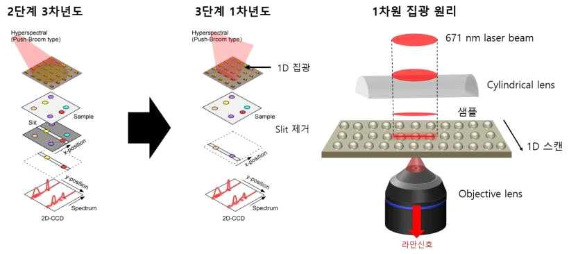 1차원 집광을 통한 push-broom 타입의 초분광기법 모식도와 1차원 레이져 조사를 통한 시료여기 및 집광의 최적화 방안