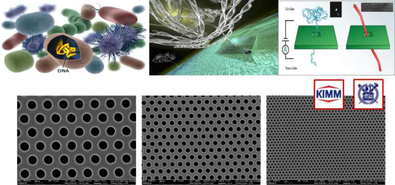나노포어를 이용하여 유해미생물내 유전자 분리 연구 개념도 및 실제 제작된 미세포어 연구 결과물 SEM 사진