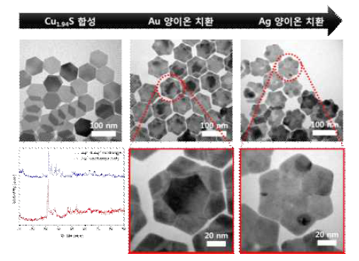 황화구리 육각 나노판 구조체와 Au와 Ag 양이온을 순차적으로 반응하여 합성된 나노 구조체