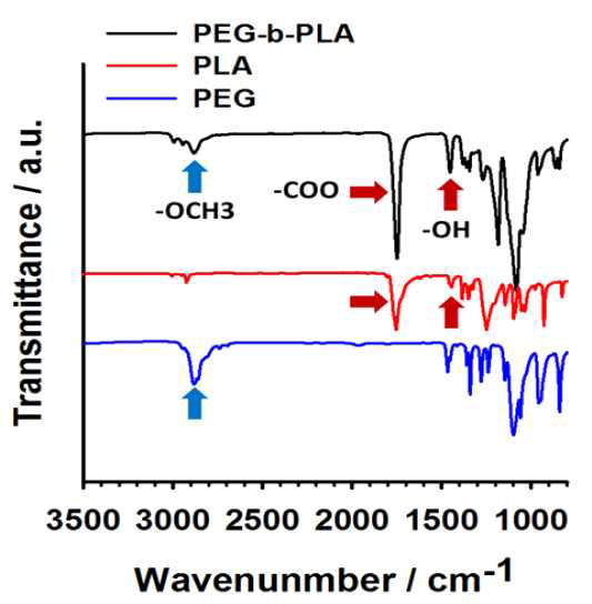 mPEG-b-PLA 고분자의 IR 분석 데이터. -OH: 1280-1410 Hydroxyl bonds (PLA), -COO: 1750-1735 735 Ester stretching bonds (PLA), -OCH3: 2810-2850 Methoxyl bonds (mPEG)