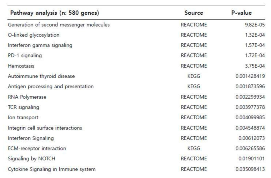 DMP와 연관된 pathway로서 15개의 유의한 pathway 결과가 도출됨