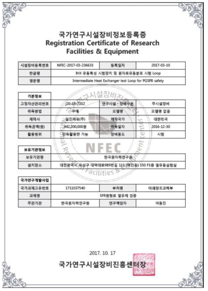 IHX 유동분포 특성 시험장치 NTIS 등록현황