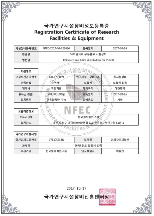 SFR 원자로유동분포 시험장치 NTIS 등록현황