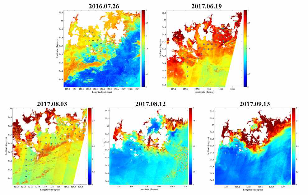 Landsat 원격반사도값을 OC1d 알고리즘에 적용 후 산출된 거제, 통영, 남해 동부지역 내 chlorophyll-a 시공간 분포