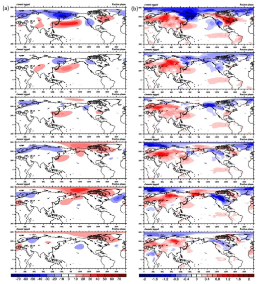 Lagged composites of the (a) 500-hPa geopotential height and (b) 2-m temperature anomalies for the first to sixth weeks (from top to bottom) from the onsets of the positive WP phases in DJF in 1979-2014