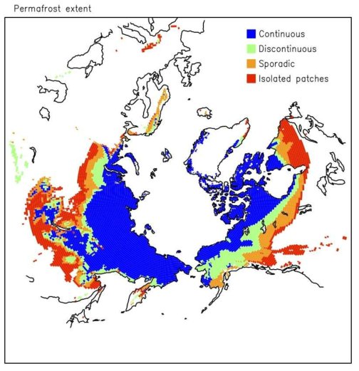 환북극 동토층 속성. 90-100%의 Continuous (연속), 50%-90%의 Discontinuous (불연속), 10-50%의 Sporadic (산발적), 0-10%의 Isolated patches (고립적)으로 나누어진다. 출처: National Snow and Ice Data Center (https://nsidc.org/data/ggd318)