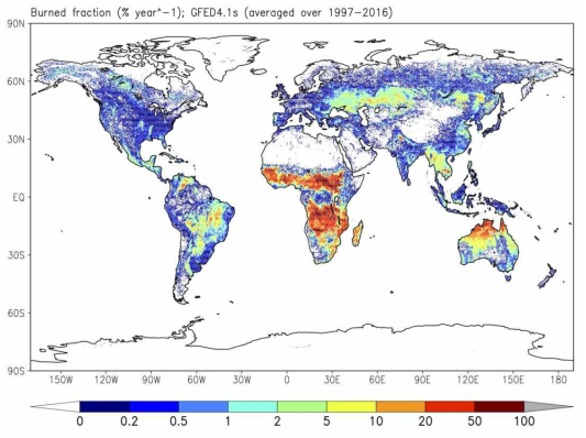 Global Fire Emission Database에서 산출된 최근 20년간의 연평균 연소 넓이의 전체 면적 넓이에 대한 비율 [% year-1]