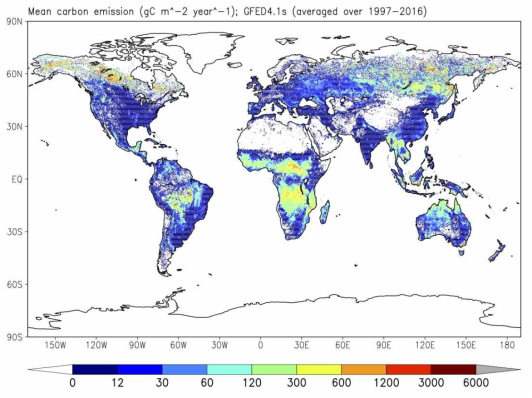 Global Fire Emission Database에서 산출된 최근 20년간의 화재로 인한 연평균 탄소 배출량 [gC m-2 year-1]