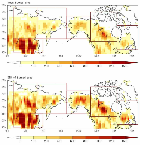 Global Fire Emission Database를 2.5°격자 시스템으로 변환하여 산출한 최근 20년 평균 연간 총 연소 면적 [Mkm2] (위) 및 연평균 값에 대한 표준편차 [Mkm2] (아래)