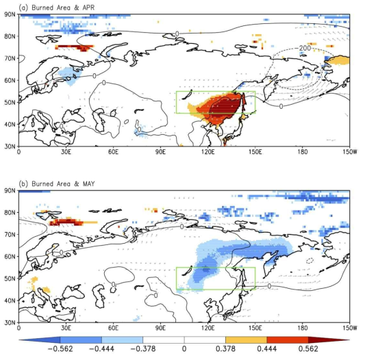 남시베리아 (연두색 박스 지역) 연간 총 연소 면적과 4월 (위), 5월 (아래) CRU 지표면 온도 (육지지역 음영) 및 HadISST 해빙 (해양지역 음영)간의 상관관계. 각 level은 90, 95, 99% 유의 수준을 나타냄. ECMWF 해면기압은 연소 면적과의 회귀분석 결과이며 10-meter 바람장은 95% 이상 유의미한 지역만 도시하였음