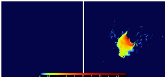 WRF(좌)와 Polar WRF(우)에 동일한 해빙장 정보를 입력하여 모의를 수행했을 때, 각 모델에서 표출된 동일시점의 해빙두께 변수 (ICEDEPTH) 값