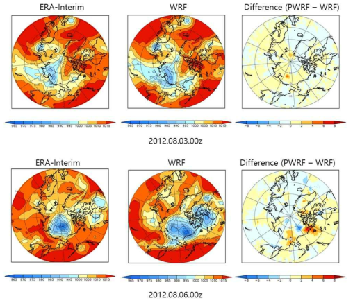 2012.08.03.부터 2012.08.12.까지 00UTC의 ERA-Interim, WRF, ifference (Polar WRF – WRF) SLP (hPa) 분포