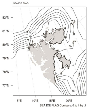 The fractional Sea ice flag distribution near the Svalbard at 18 UTC 15 FEB 2015