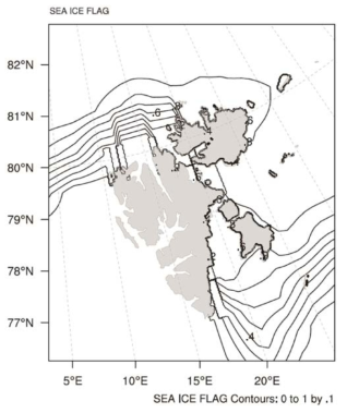 The fractional sea ice flag distribution near the Svalbard at 18 UTC 2 MAR 2015