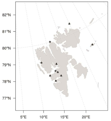 The position of SYNOP observations (circle) in GTS and (triangle) not in GTS