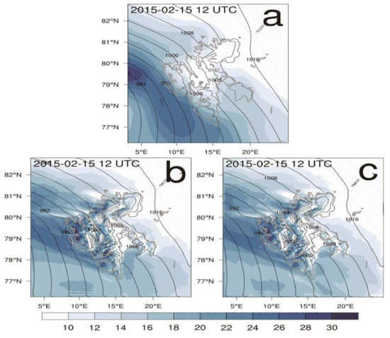 The contour of sea level pressure [hPa] and 10 m wind speed [m/s] of case 1 in (a) ERA-Interim reanalysis, (b) 24-h forecast in Exp1, and (c) 24-h forecast in Exp2