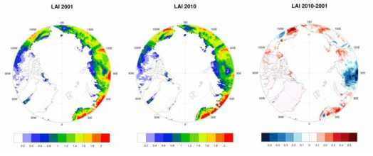 MODIS 기반 잎 면적지수 분포 (2001년, 2010년)
