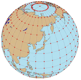 Meshes in global latitude longitude grid. Red points indciate each grid points of mesh. Note that each interval size of red points are different between equator and polar region