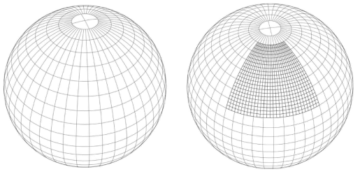 Two meshes which use in these experiments. A grid for 30km global single domain (left) and a nested domain with horizontal resolution is 10km (right). Nested domain is set up from 20°N (-30°W) to 80°N (30°E) in latitude (longitude) direction. Note that shown images are much more coarser than actual mesh because of display purpose