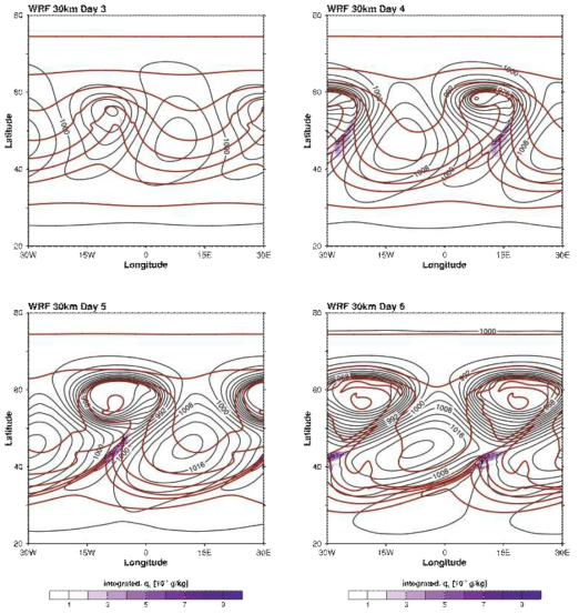 Surface pressure (black contour lines), potential temperature (red contour ines) in the lowest model level and vertically integrated water vapor mixing ratio (shadings) from anglobal single domain experiment of day 3 through day 6