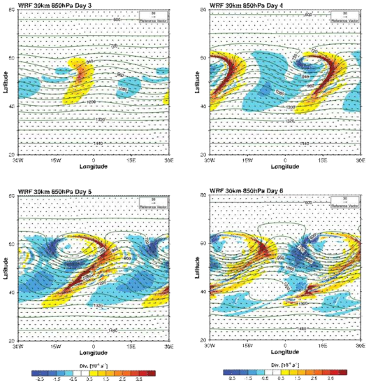 Vertical winds (shading), geopotential height (gree contour lines) and horizontal wind vector at 850hPa from a global single domain experiment of day 3 through 6