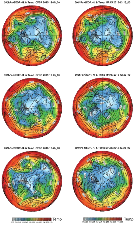 500hPa temperature (shading) and geopotential height (solid lines) from CFSR data (left) and CESM-MPAS (right) for 2015-12-19_00 (top), 2015-12-23_00 (middle) and 2015-12-26_00 (bottom). Note that initial date of experiment is from 2015-12-16_00