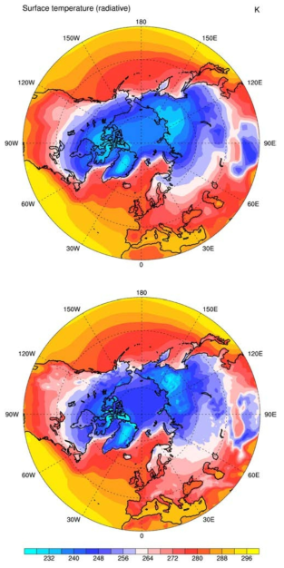 Climatological mean surface temperature in 30-90◦N from December to February (DJF) in the (upper) simulation and (lower) ERA-Interim