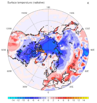 Climatological mean bias of the surface temperature in 30-90◦N during DJF