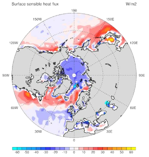 Climatological mean bias of the surface sensible heat flux in 30-90◦N during DJF