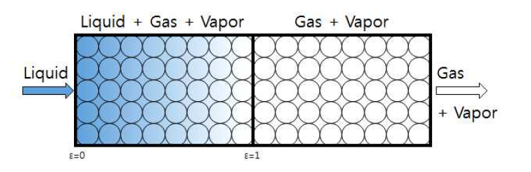 촉매 반응기 내의 이상유동 모델 개략도 (ε=0 : pure liquid, ε=1 : pure gas and vapor)