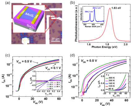 MoS2 트랜지스터와 광학 현미경 사진과 모식도, 물리적 특성 (Nanotechnology, 28, 145702 (2017))